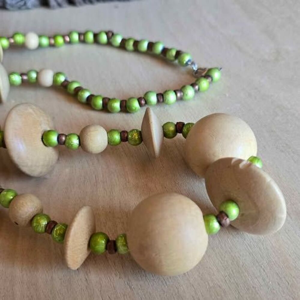 Handmade Wooden Bead Statement Necklace | Green & Natural Wood Boho Necklace - Picture 3 of 5
